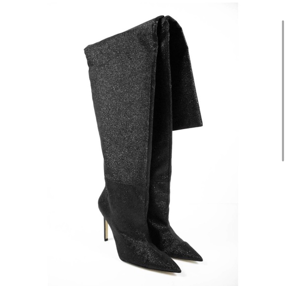 Good American Black Glitter Thigh High Over The Knee Boots Women Size 9 Heels - Picture 2 of 3